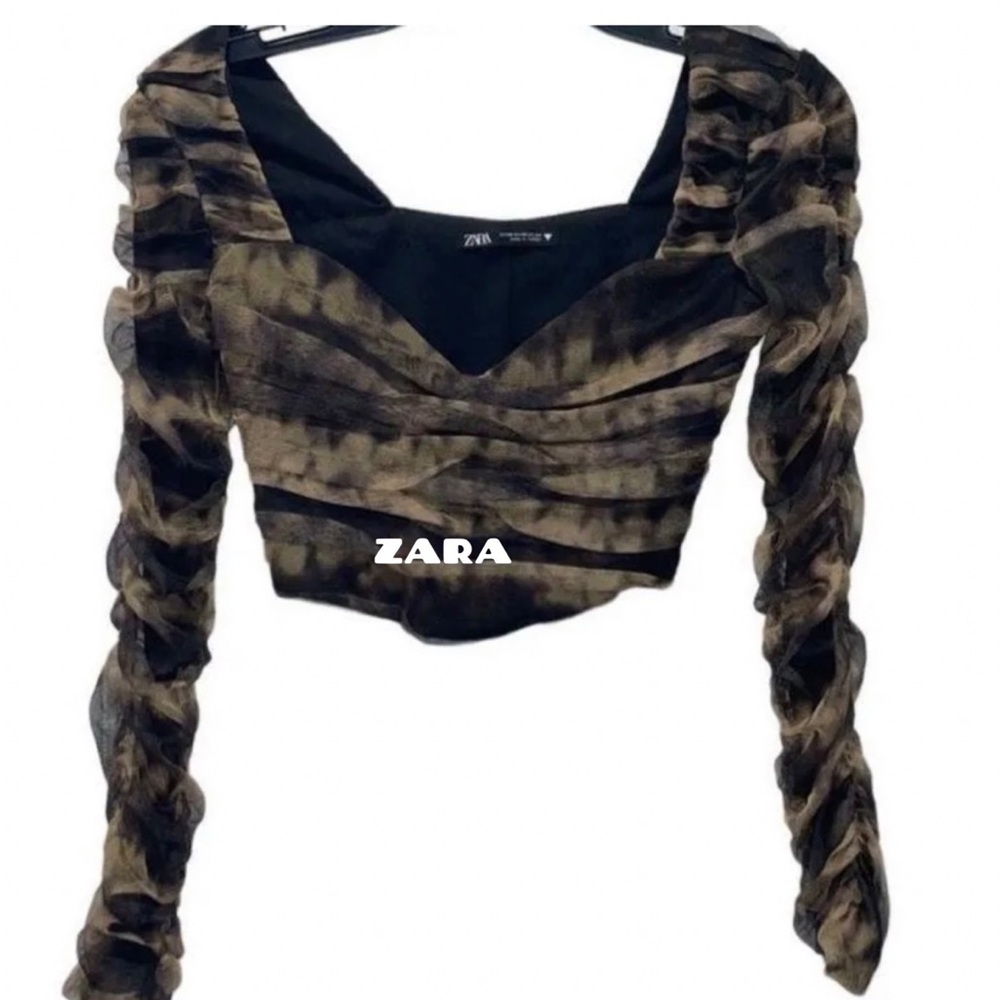 Zara corsetry animal print, mesh tulle long sleeve crop top